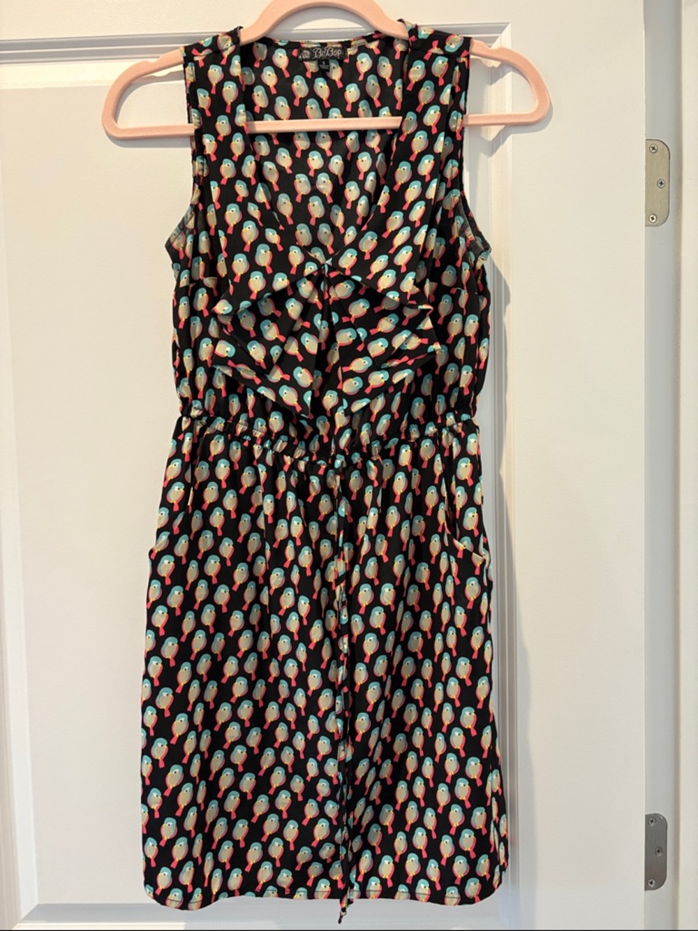 BeBop Black Mini Dress with Teal and Coral Parrot Print